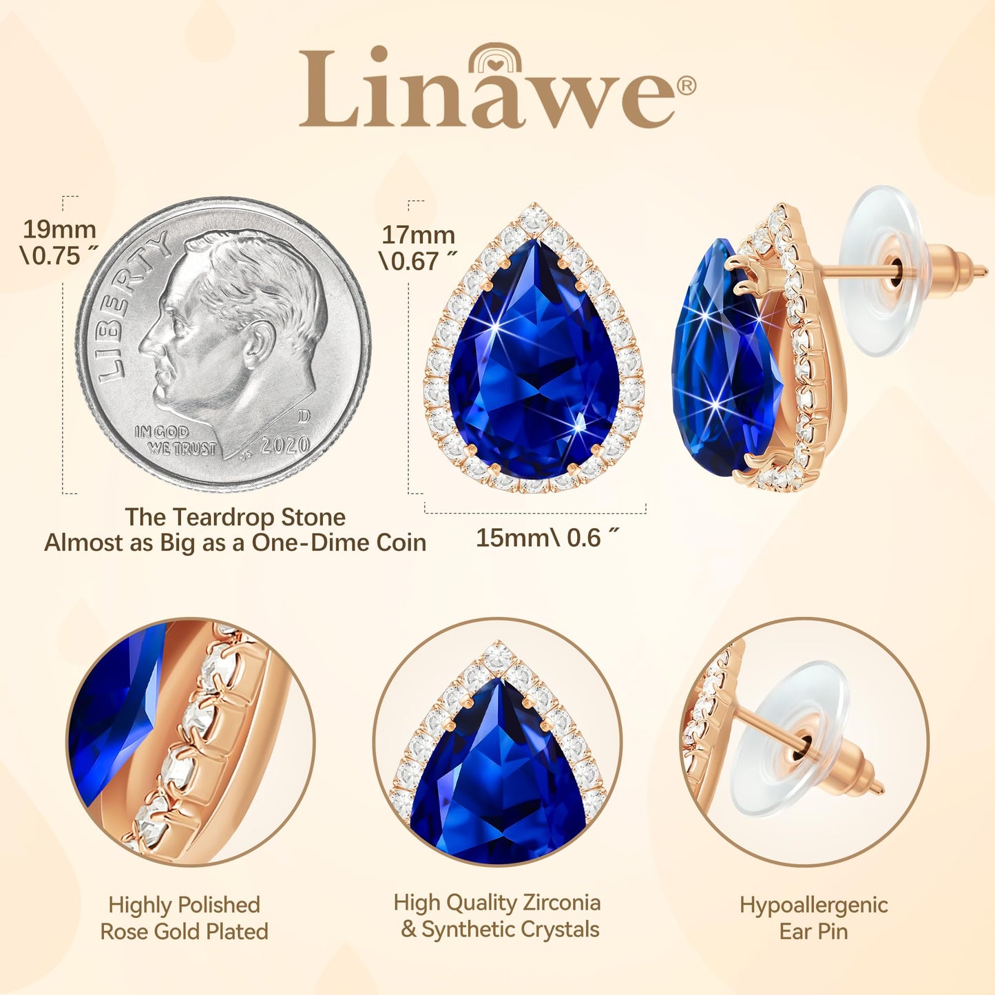 Linawe Imitation Diamond Earrings Sapphire Royal Blue Stud Earrings for Women, Rose Gold Cubic Zirconia Navy Blue Teardrop Statement Rhinestone Crystal Earrings Studs