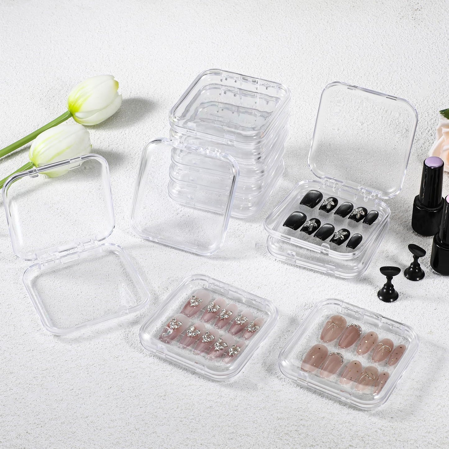 PEOVLVN 20pcs Press on Nail Storage Box Press on Nails Packaging Fake Nail Storages Case with 90 Pcs Adhesive Double Sided Tape for Fake Nail Storage Nail Display Nail Salon