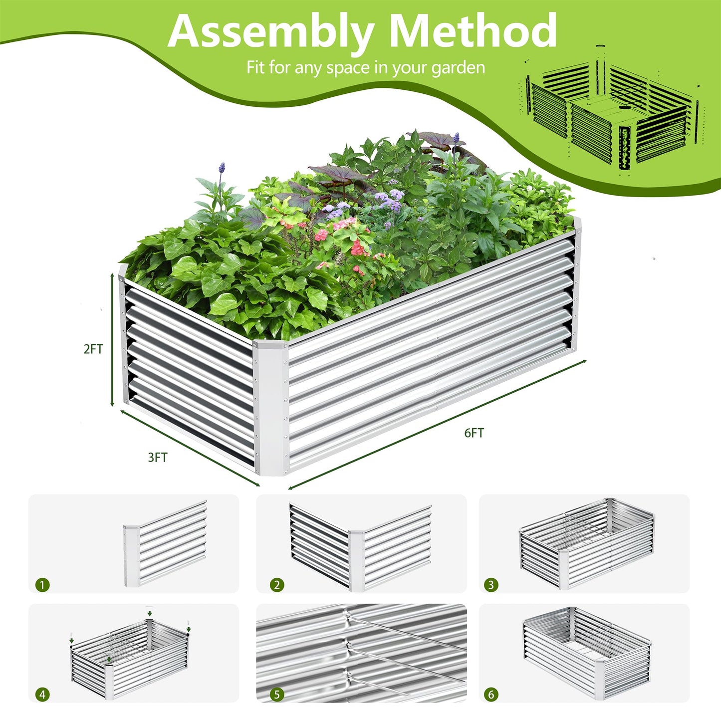 Ayen Guard 6x3x2FT Galvanized Raised Garden Bed,Galvanized Planter Boxes Outdoor, Large Metal Raised Garden Beds for Vegetables-Silver