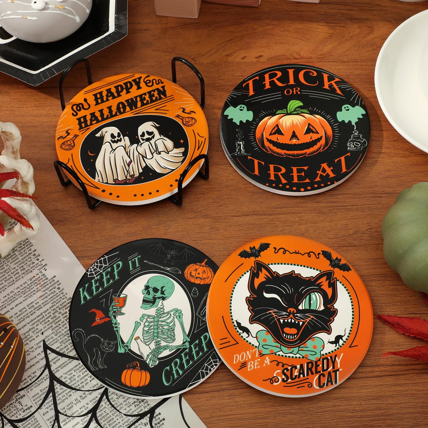 JarThenaAMCS 4Pcs Halloween Coaster with Holder Pumpkin Ghost Black Cat Skeleton Anti Slip Drink Coasters Black Orange Green Absorbent Ceramic Coasters for Home Decor Table Protection