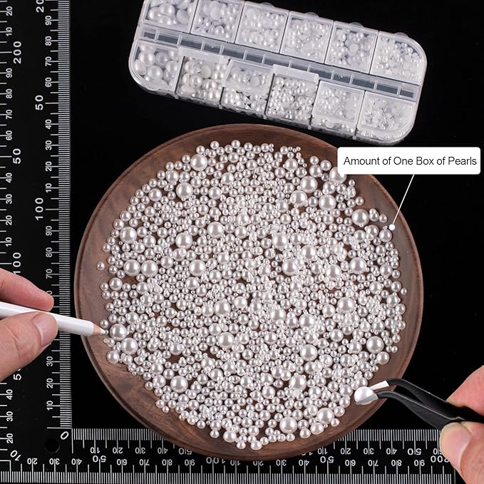 4000PCS Flatback Rhinestones and Half Round Pearls Kit #24, Multi Size Glass Clear Crystals, Plastic Flat Back White & Beige Dome Bead with Pickup Pencil and Tweezer for Nail Art
