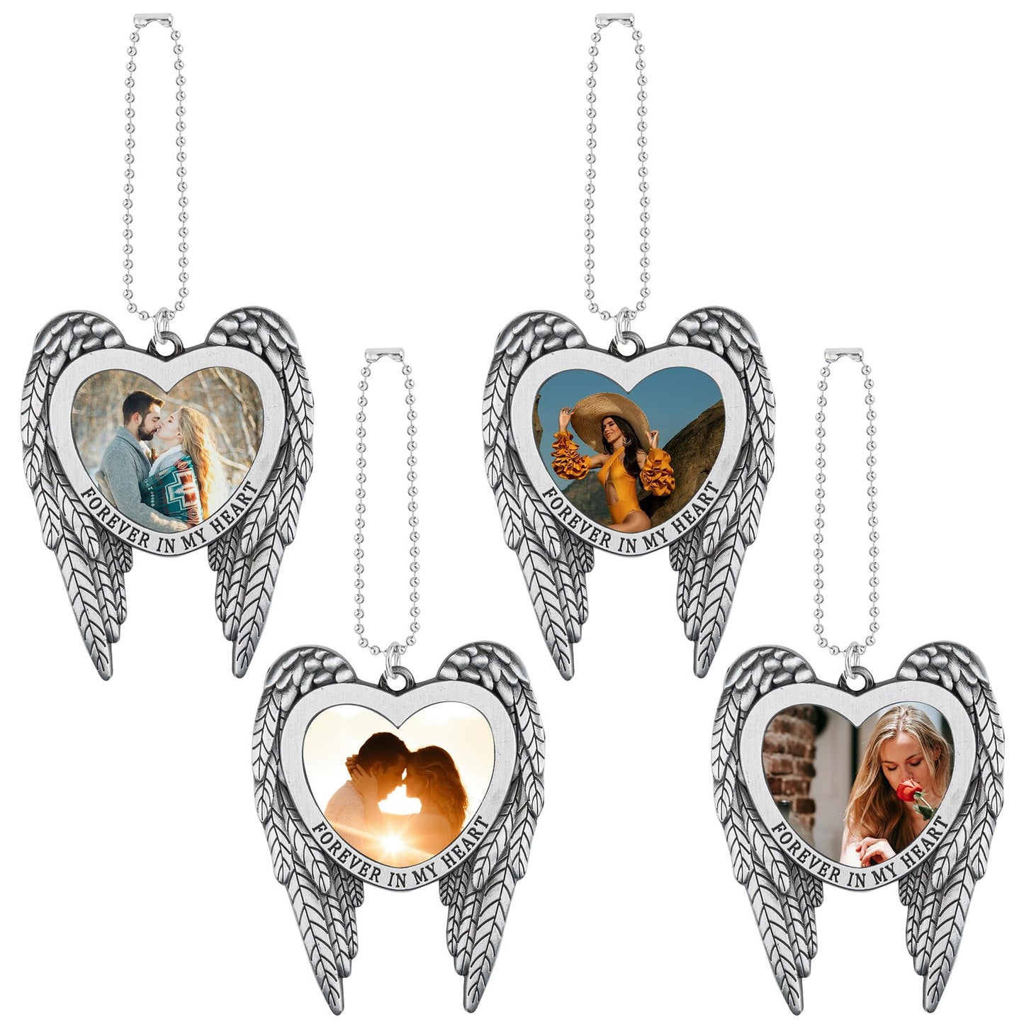 Framendino, 4 Pack Silver Angel Wing Pendant Love Heart Personalized Car Hanging Ornament with Sublimation Blank Heat Transfer Photo for Home Window