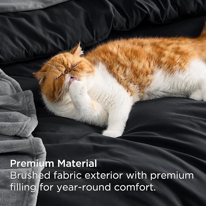 Bedsure Queen Comforter Set Black, 8 Pieces Prewashed Queen Size Bed in a Bag with Soft Fleece Bed Blanket, Down Alternative Bedding Set for All Seasons, Sheets, Pillowcases & Shams
