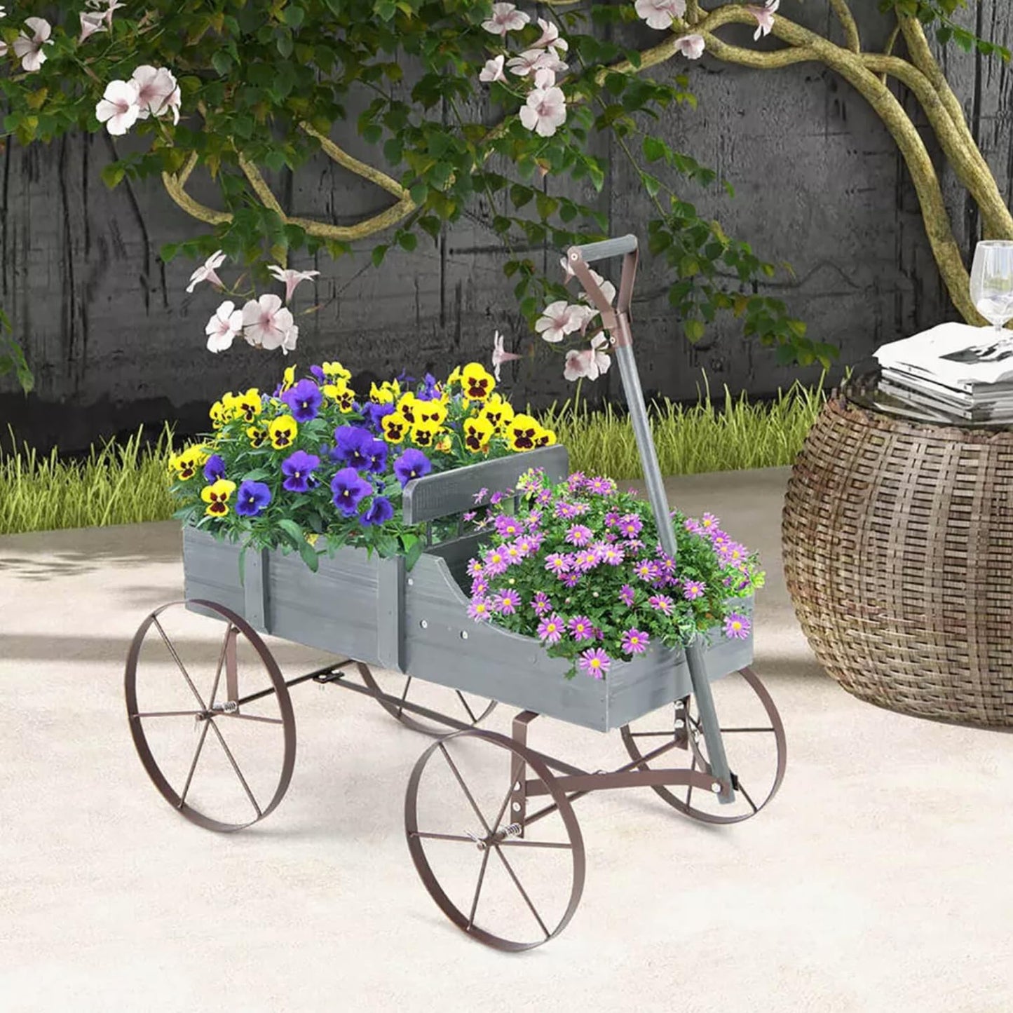 Wagon Planter, Decorative Wooden Garden Planter with Wheels, 2 Planting Sections and Adjustable Handle, Indoor Outdoor Backyard Balcony Decor (Grey)