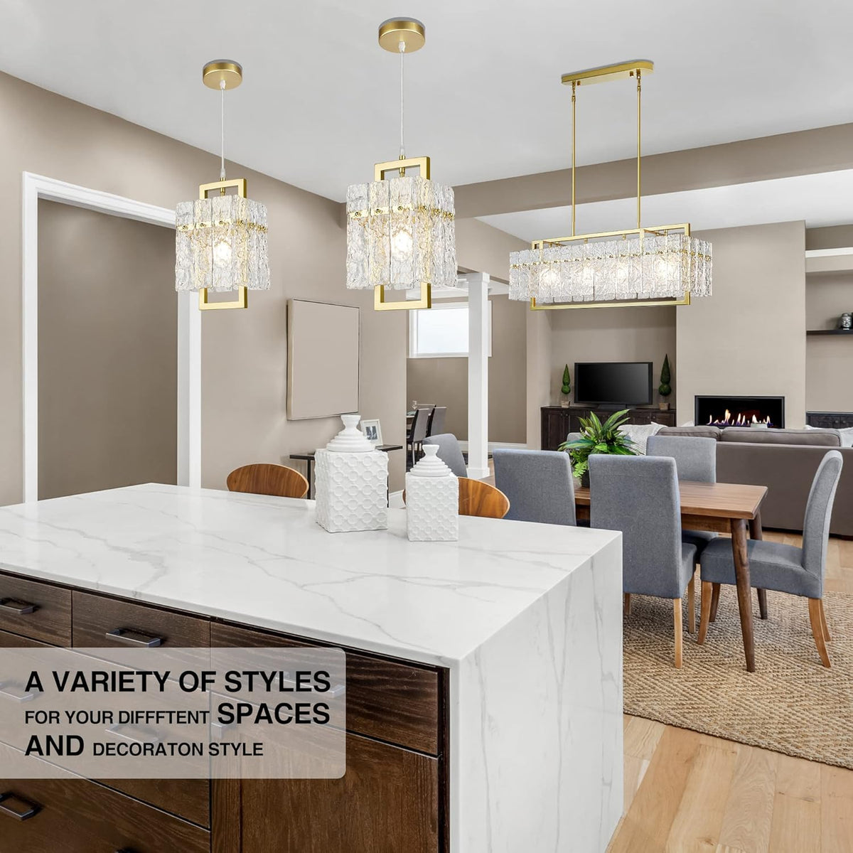 IKK Gold Crystal Pendant Light for Kitchen Island, Luxury Water Ripple Glass Chandelier Lights Fixture, Modern Elegant Adjustable Pendant Lighting for Dining Room Bedroom, E12 Bulb, L6.5'' x H11.8''