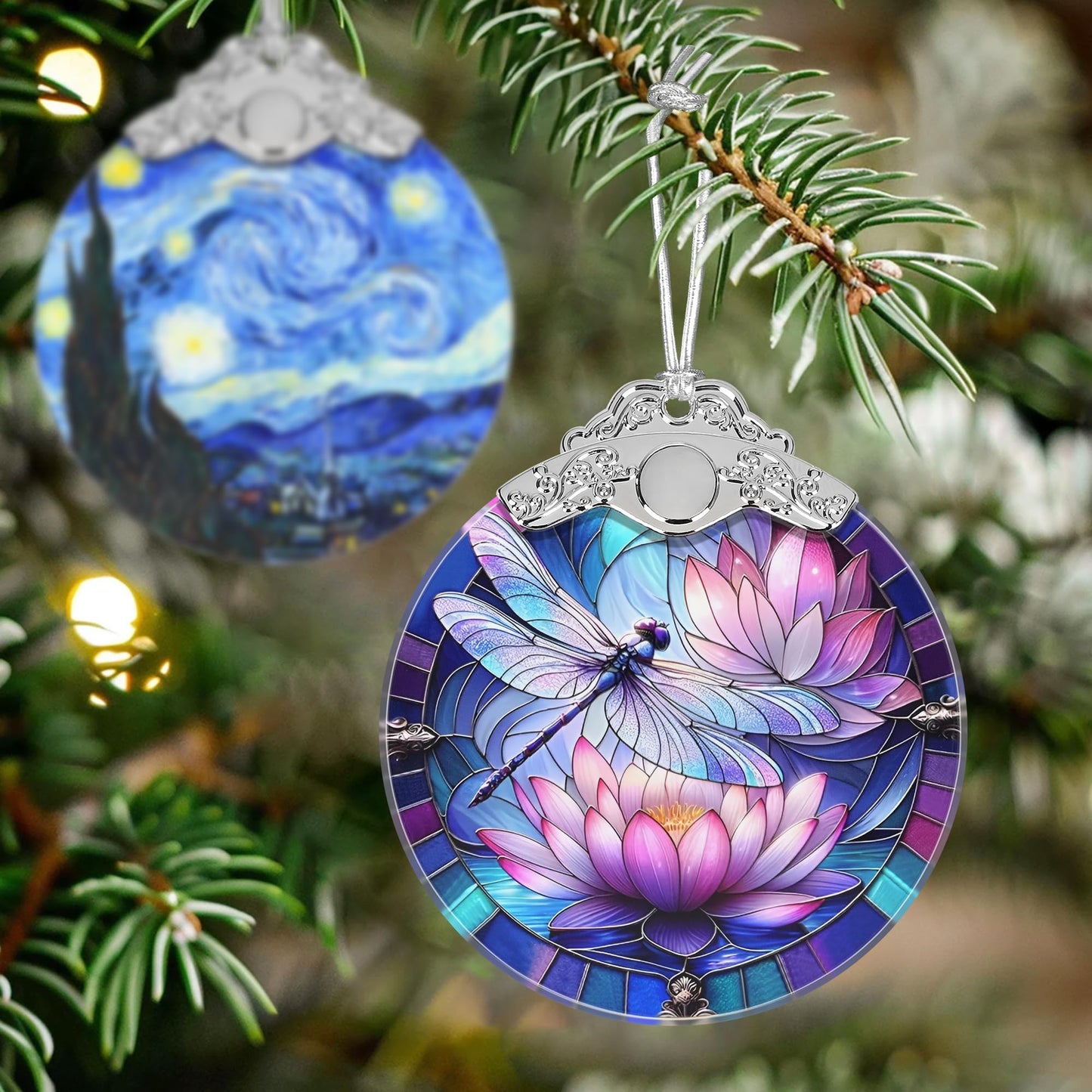 Stained Glass Dragonfly on Lotus Flower Ornament - Christmas Tree Decor Idea