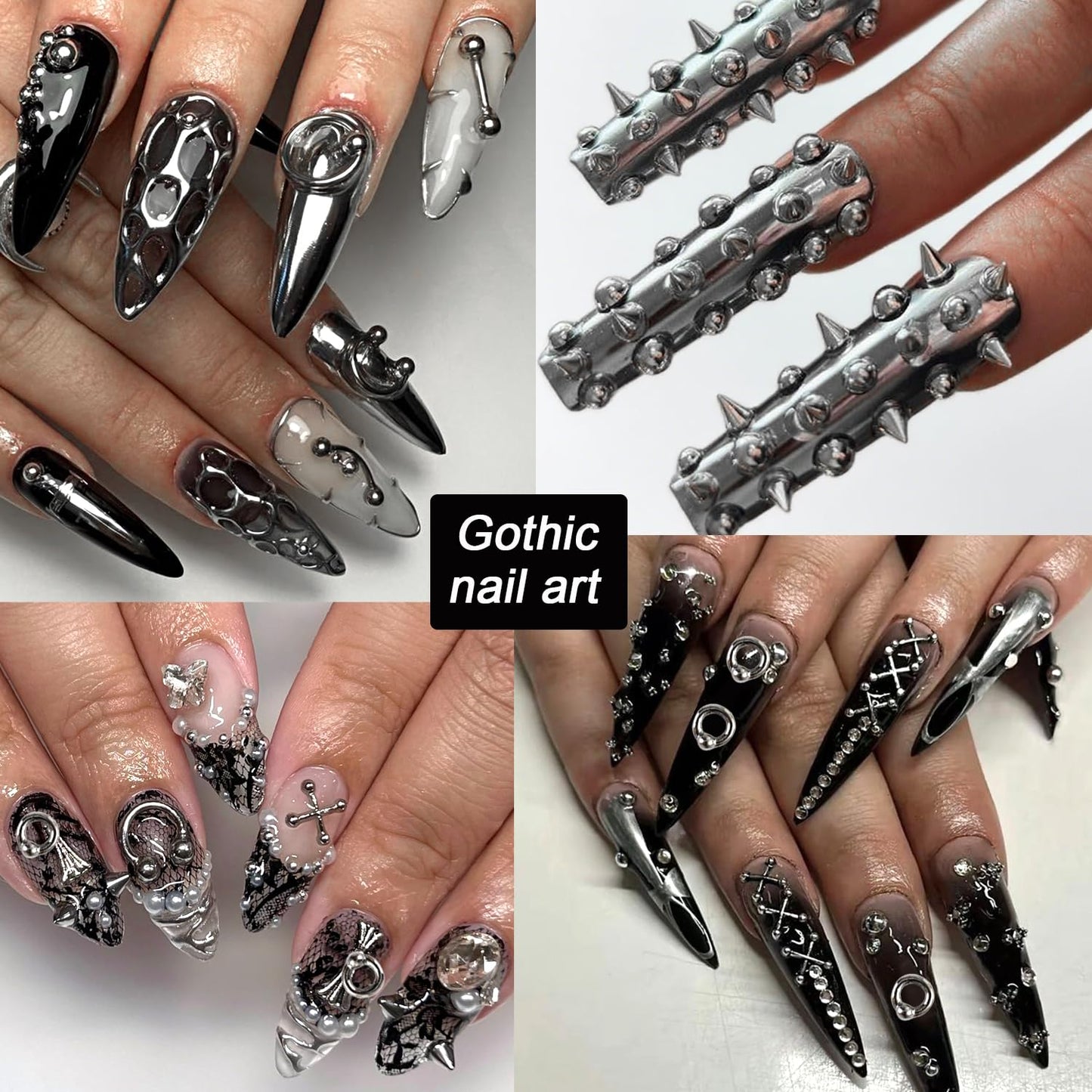 Furtherpretty Goth Nail Charms, 3D Triangle & Spike Gothic Punk Nail Charms, Black Rivet Studs Beads, Silver Alloy Piercing Grunge Y2K Nail Art Decorations, Manicure Accessories for DIY Salon Nails