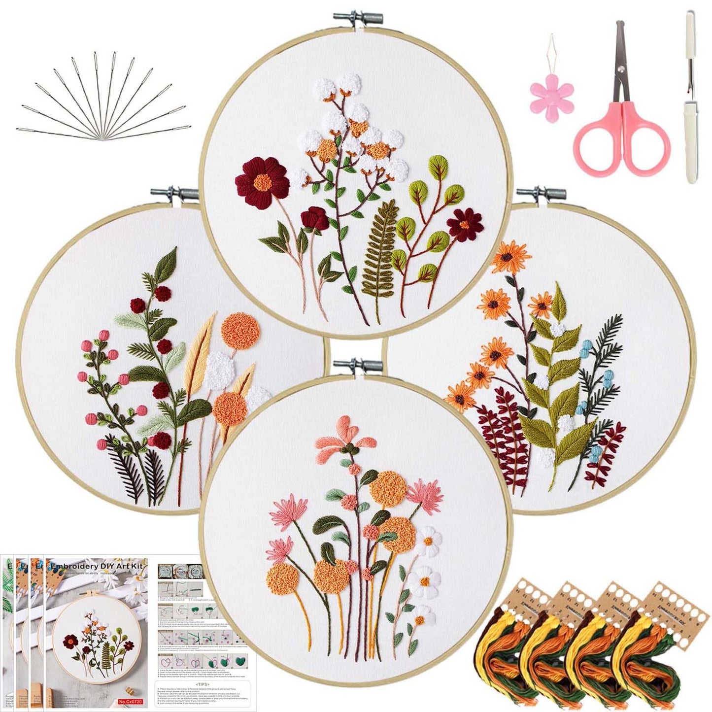DMFXNBLM Embroidery Kit for Beginners, 4 Floral Pre-PrintedPatterns, Includes Multiple Accessories, with Step-By-Step Instructions and Clear Videos, Complete Kit Gift for Craft Lovers