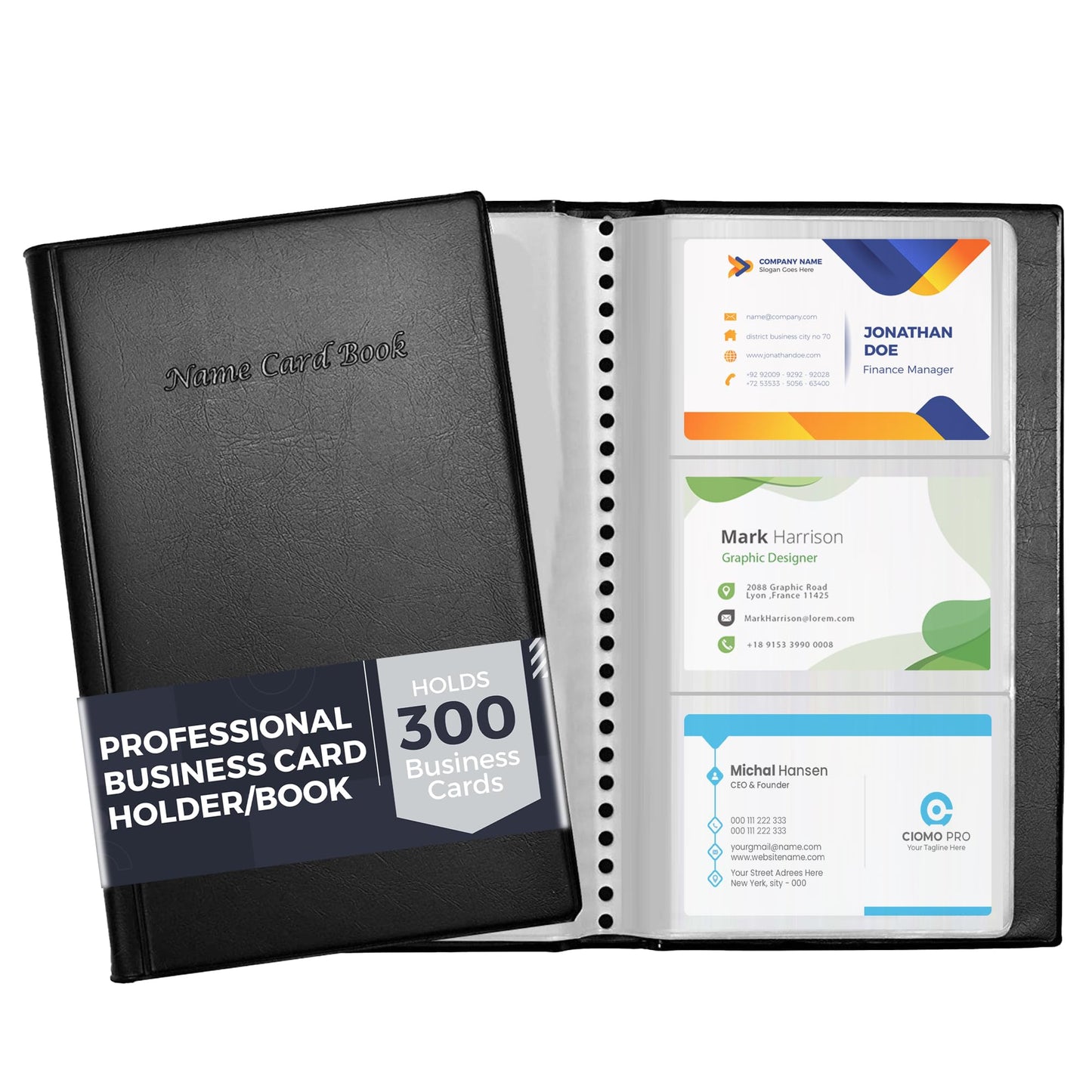 Professional Business Card Holder/Book with Black Cover, Holds 300 Business Cards