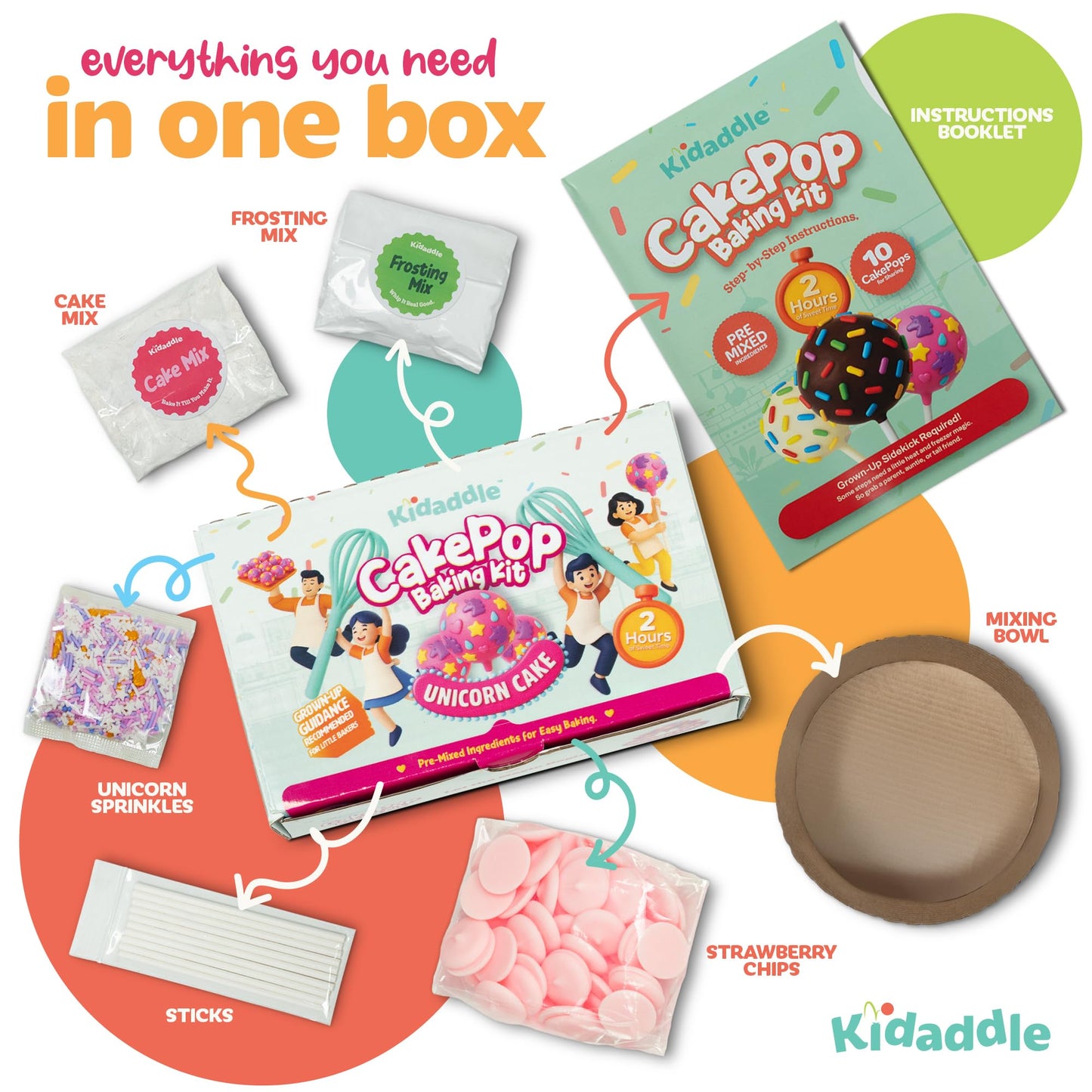 Kidaddle DIY Cake Pop Kit – Unicorn | Baking Kit with Premeasured Ingredients, Decorating Supplies | Made in USA | Certified Kosher | Christmas Gift