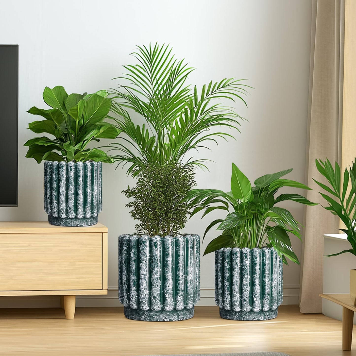 Ceramicfor Ceramic Flower Pots 7.6 Inch - Ceramic Planters for Indoor Outdoor Plants, Decorative Plant Pot with Drainage Hole, Round Fluted Planter, Home Room Decor, Housewarming Gifts, Green