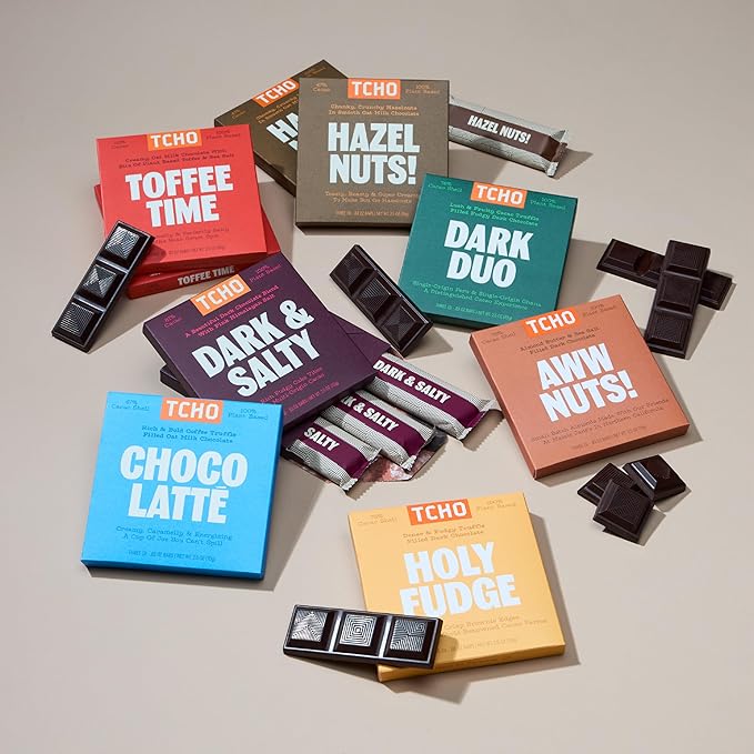 TCHO 100% Plant-Based Dark & Milk Chocolate Variety Pack - Gourmet Assortment with Toffee Time, Choco Latte, Dark & Salty, & More - Vegan No Artificial Sweeteners Chocolate Gift - 16 Count