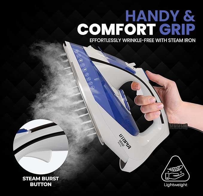 Utopia Home Steam Iron for Clothes - Non-Stick Soleplate - 1800W Clothes Iron With Auto-Off Safety Feature - Adjustable Thermostat Control, Variable Steam Control, Self-Clean, 8 Feet Cord (White/Blue)