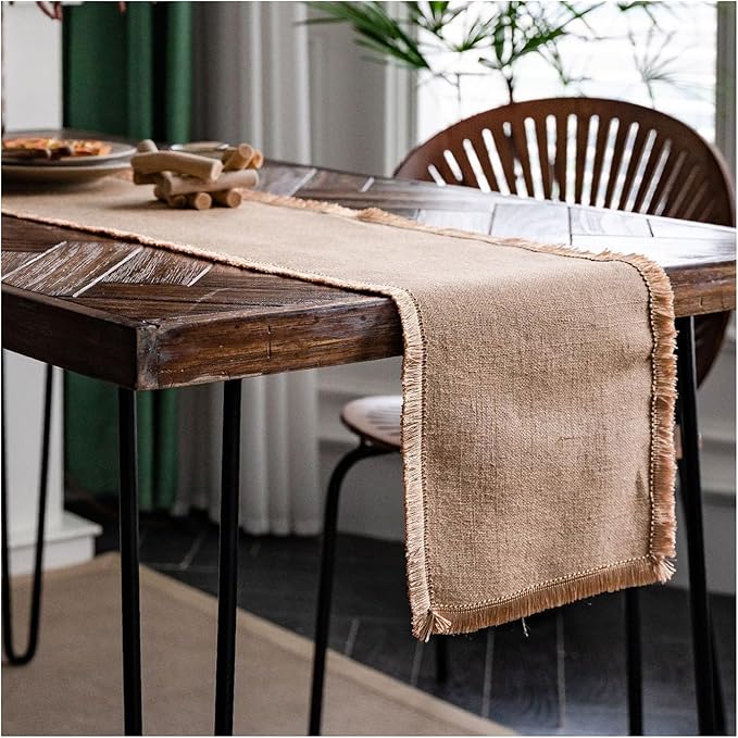 Natural Jute Table Runner, Burlap Style Table Runner, Rustic Farmhouse Table Runner Country Vintage for Wedding, Party Table Decorations, Boho Décor Jute Gold Tassel 12x95 inch TAB28