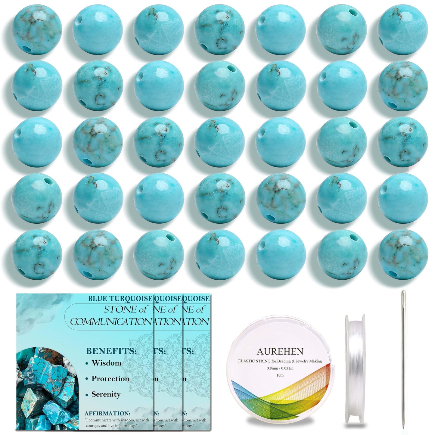Aurehen Natural Gemstone Beads with Thread Needle Card as Complete Jewelry Making Kit, 120PCS 6mm Genuine Round Loose Energy Stone Spacer Beads, Smooth Healing Crystals for DIY Crafts (Blue Turquoise)