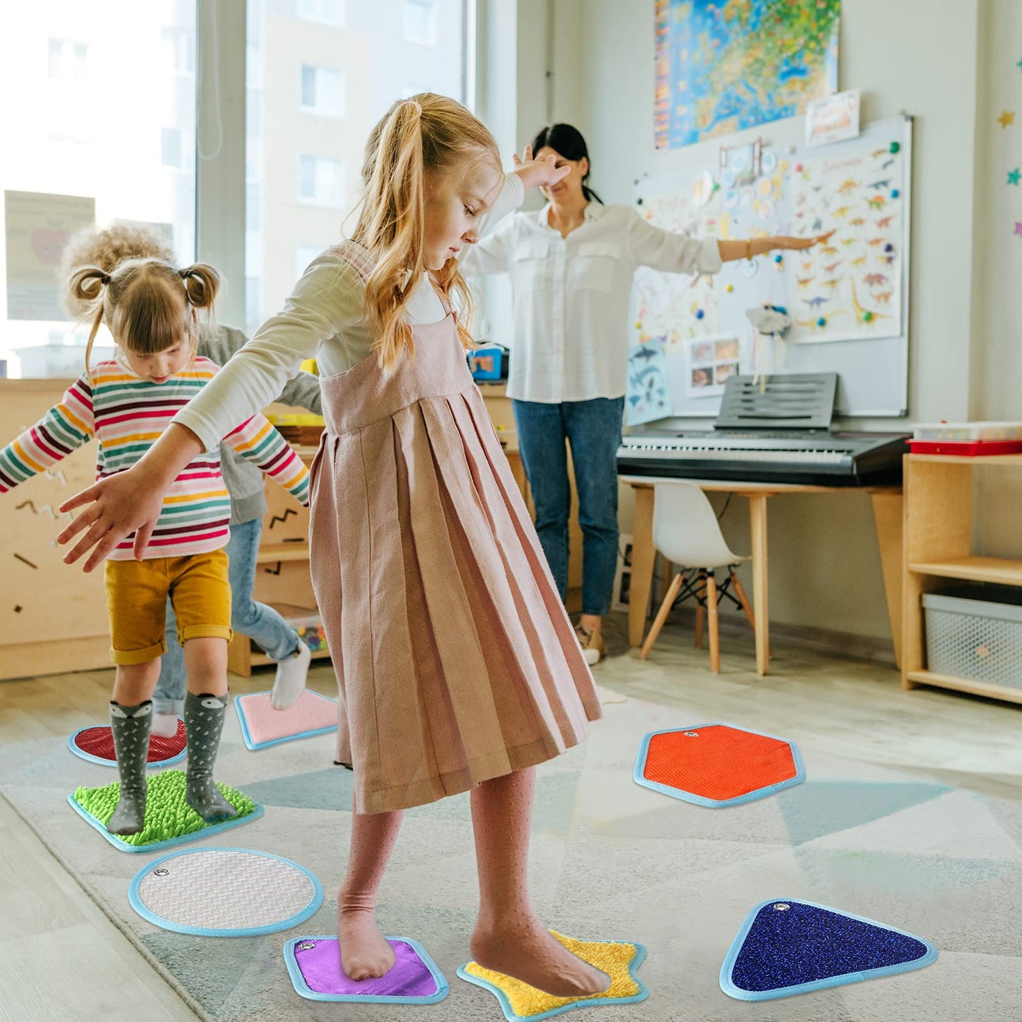 Boao 8 Set Mini Sensory Mats Assorted Textured Play Mats Sensory Floor Tiles Educational Tactile Toys for Activity(8.7 Inch,Irregular)