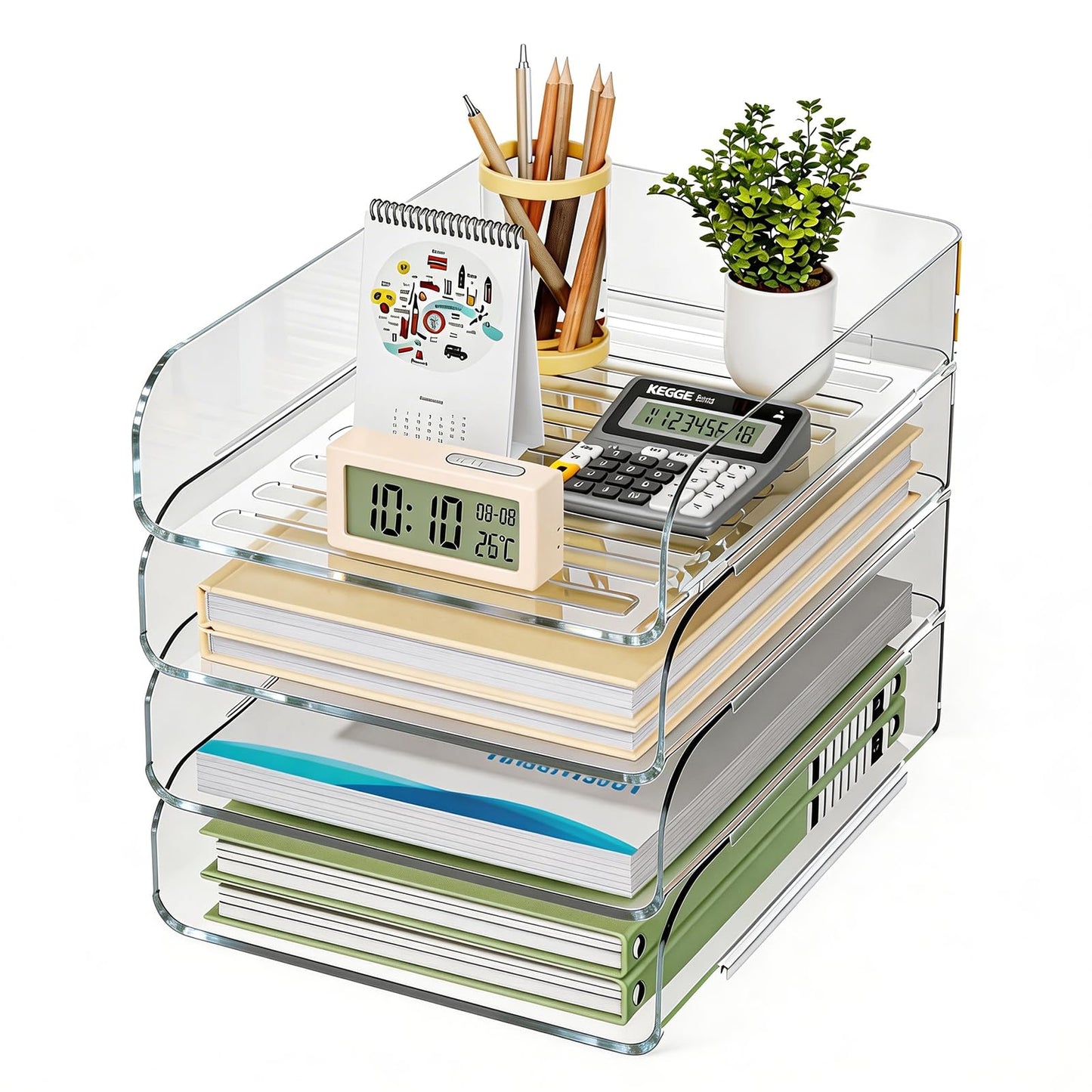 HIYOHIYO Office Acrylic Clear A4 Paper Organizer for Desk, Stackable Office Desk Paper Organizer, Large Capacity Desktop Papers Tray Holder, Organizer for A4 File Folder, 4 Tier Vertical Style