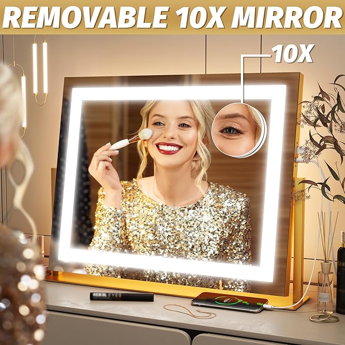 FENNIO Vanity Mirror with Lights 22''x18'' Makeup Mirror with Lights,Lighted Makeup Mirror with 10X Magnification and USB，Smart Touch Screen with 3-Color Lighting,Dimmable（Square Gold）