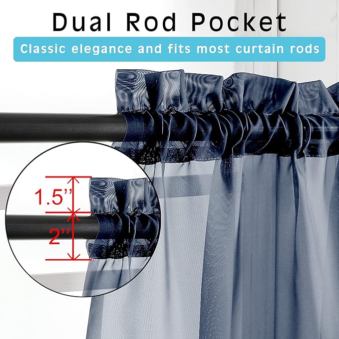 OVZME 2 Panels Sheer Window Curtain Panels 96" Length for Bedroom, Top Rod Pocket Design Window Treatment for Living Room, 42W x 96L inches, Navy Blue
