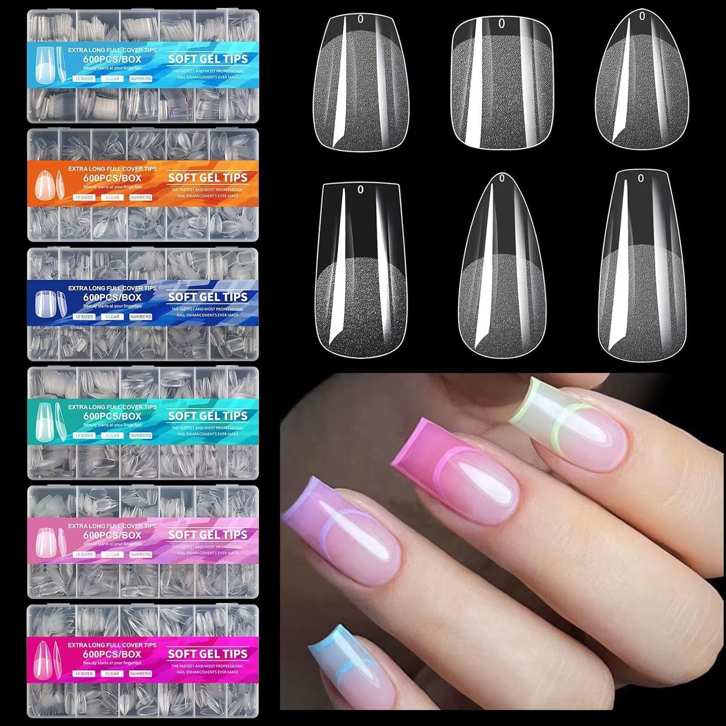 600PCS Extra Long Full Cover Soft Gel Nail Tips – 12 Sizes Clear Fake Nails with Numbers – Professional Refill Box for Nail Extension, DIY Nail Art, Salon and Home Manicure (Tapered Square, Clear)