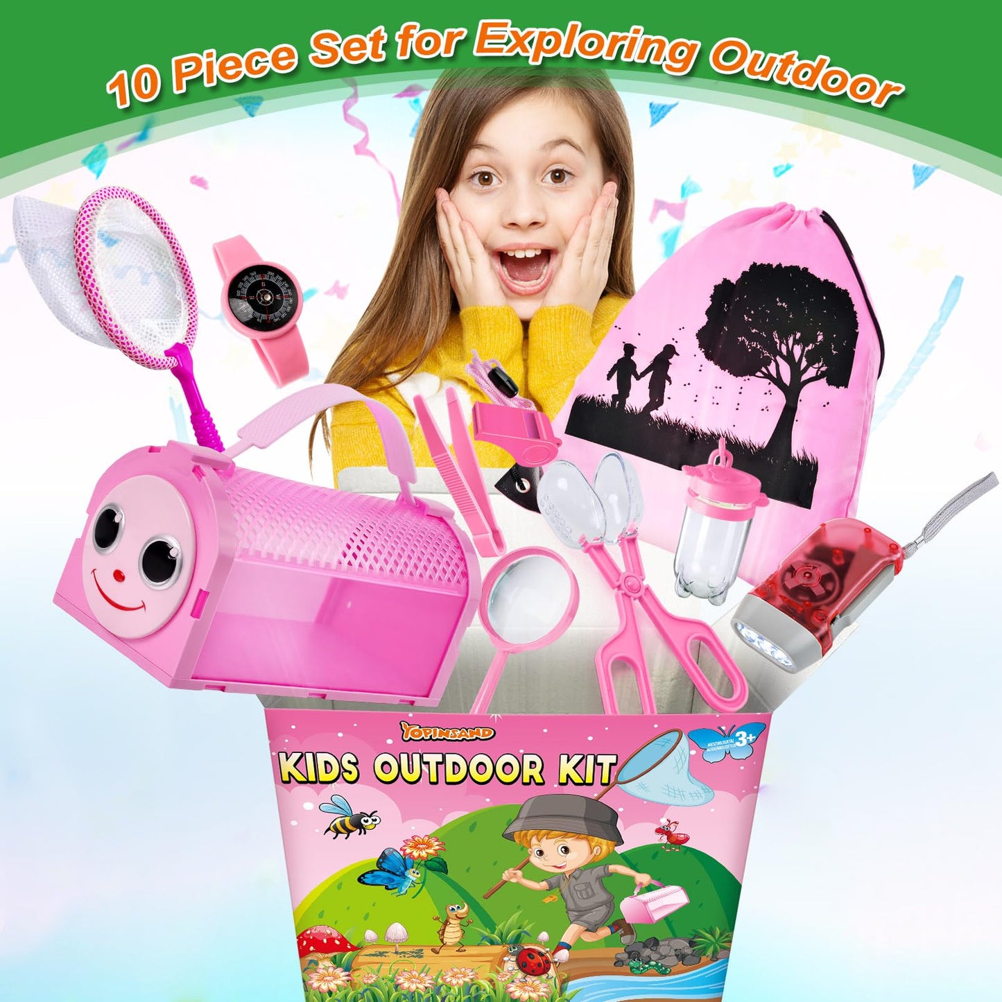 Bug Catcher Kit & Outdoor Explorer Kit for Kids, 10 Pcs Bug Catching Kit with Toy Cage, Backpack, Flashlight, Manifying Glass, Toy Net, Outdoor Exploration Toys Gift for Boys Girls 3-12