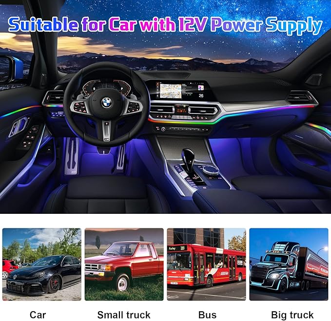 Interior Car LED Strip Lights, Acrylic LED Lights for Car with Wireless APP Dynamic Dreamcolor Chasing 6 in 1 Ambient Lighting Kits, 175 inches 593 LED Sound Active Function Neon Lights