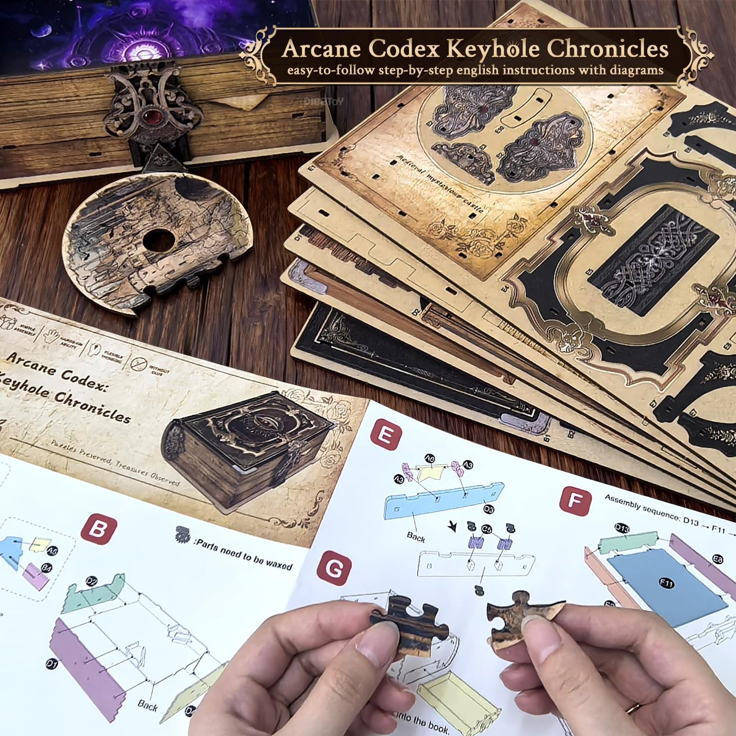 Dibetoy 3D Wooden Puzzles for Adults,DIY Book Nook Kit,Mechanical Treasure Puzzle,Trading Card Storage Box with Lock,3 in 1,DIY Building Mechanical Model Kit for Hobby Enthusiasts