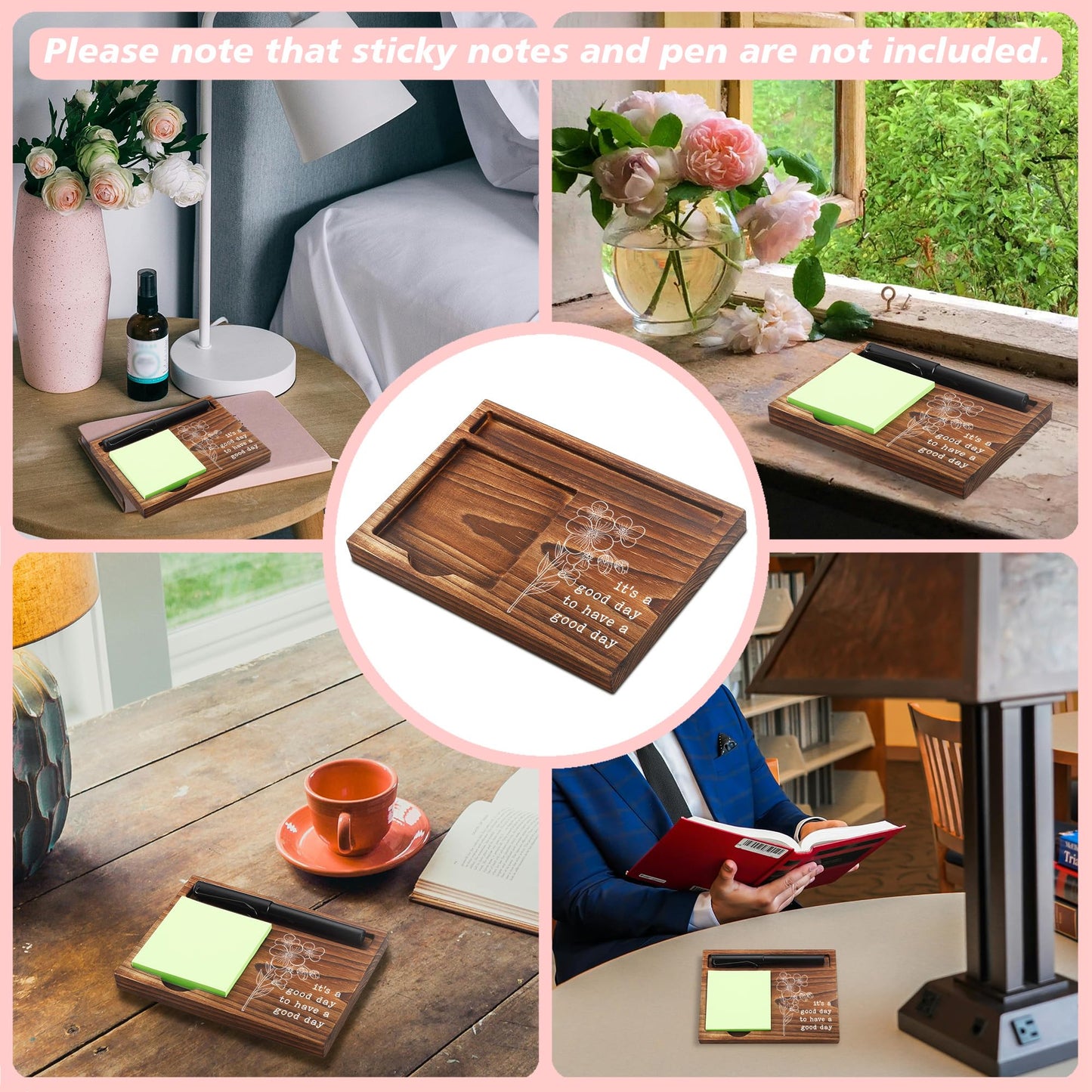 CINRLLA Sticky Note Holder Wooden Notepad & Pen Holder 6.5"" x 4.7"" Sticky Note Pad Holder Dispenser for Desk Work Motivational Gifts, NPA193, Brown