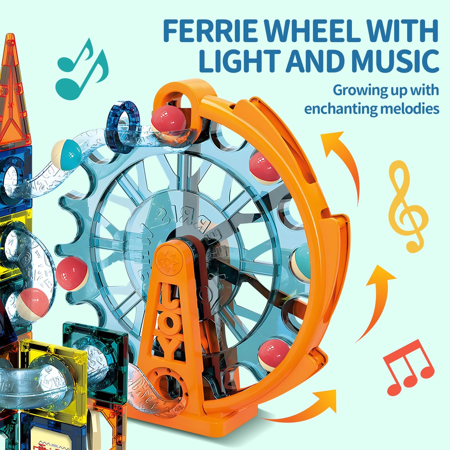 Motorized Marble Run Set, 107 Piece Magnetic Tile Building Toy with Ferris Wheel and Elevator, Music and Lights Marble Maze STEM Game for Kids Ages 4 to 12, Educational Gift