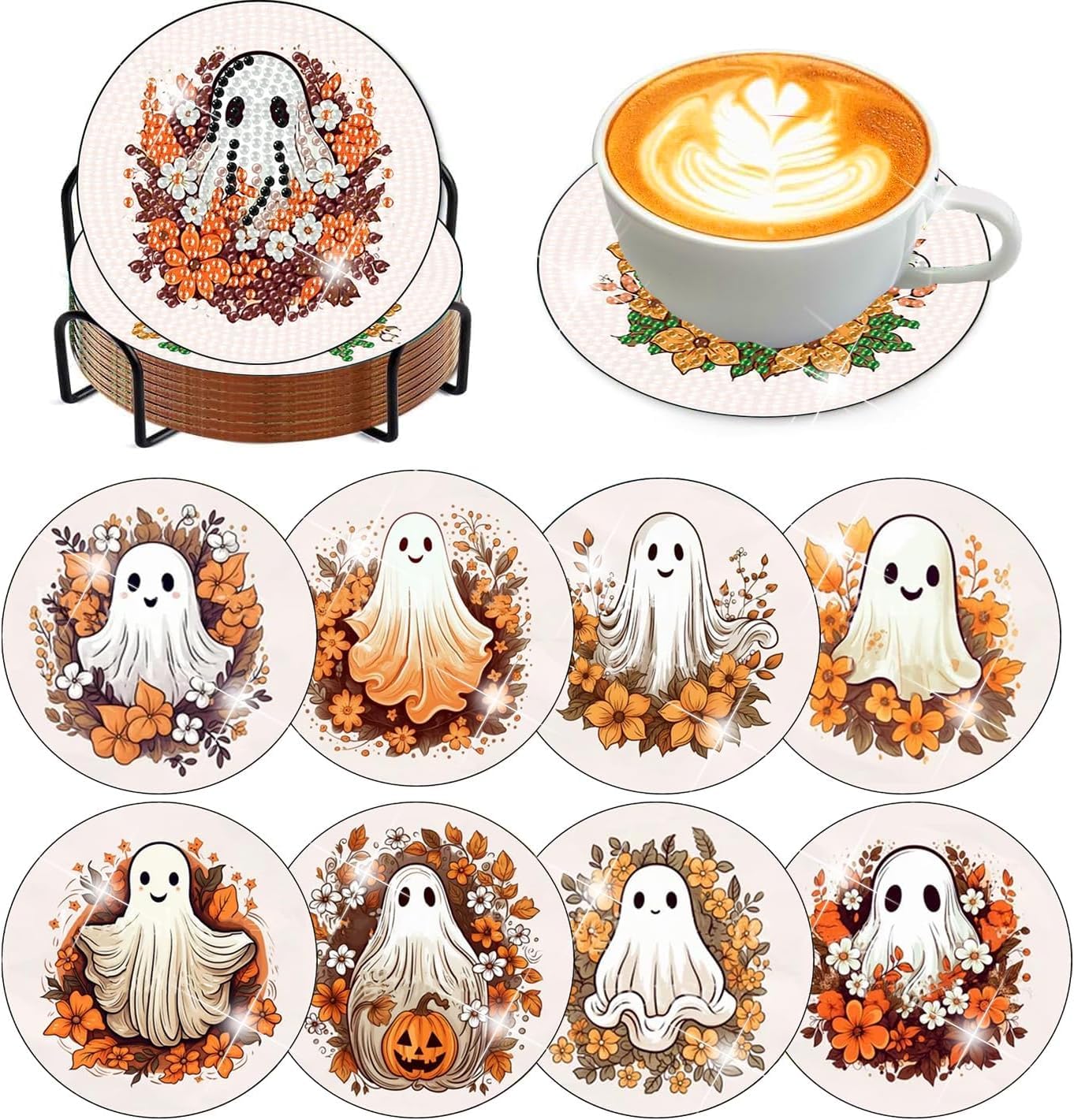 OFDNE Halloween Diamond Paintings Kits with Holder,9Pcs DIY Cute Ghost with Floral Coaster Diamond Art Kits,Fall Full Coasters Diamond Painting Kits for Adults Beginners Art Craft Supplies