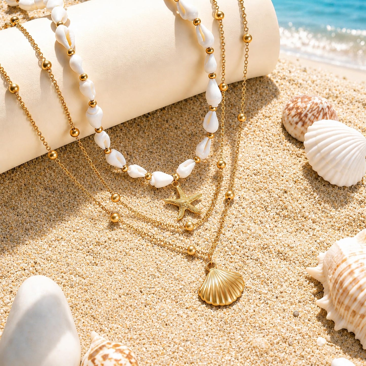Starfish Seashell Necklace Conch Summer Beach Layered Necklaces for Women Non Tarnish Waterproof 14K Gold Chunky Necklace Stack Dainty Choker Chain Ocean Shell Pendant Charm Trendy Vacation Jewelry Gift (3pcs Starfish&Shell&Conch)
