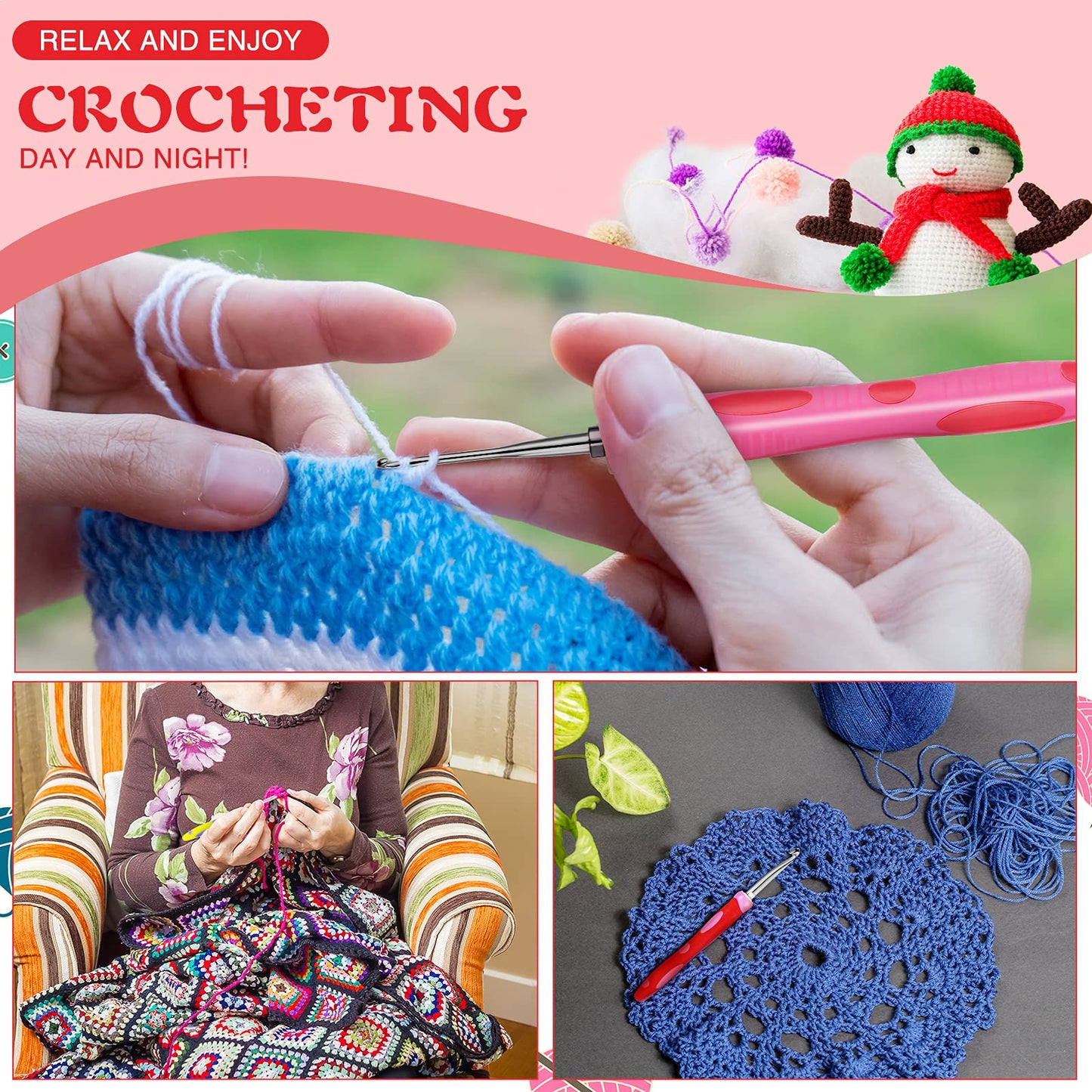 12 Sizes 2.0 mm to 8 mm Crochet Hooks Set, 3 Pcs Soft Grip Ergonomic Interchangeable Handle Crochet Hooks Beginner Knitting Kit Gift for DIY Crafts Knitting Tools