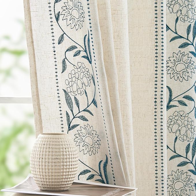 jinchan Winslow 4 Panel Curtains Set 84 Inch Length Embroidered Bordered Floral Curtains for Living Room Farmhouse Decor Light Filtering Window Treatments Blue on Beige Drapes 4 Panels