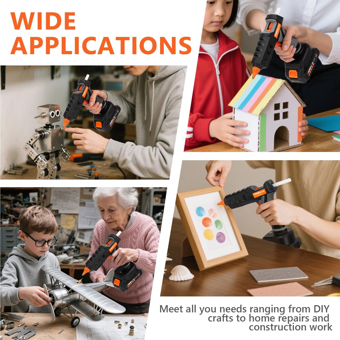 THINKWORK 20V Cordless Hot Glue Gun and Sticks Set, Rechargeable Glue Gun with 30 PCS Full Size Sticks and Battery, Fast Heating for Arts & Crafts, DIY Projects and Home Repairs