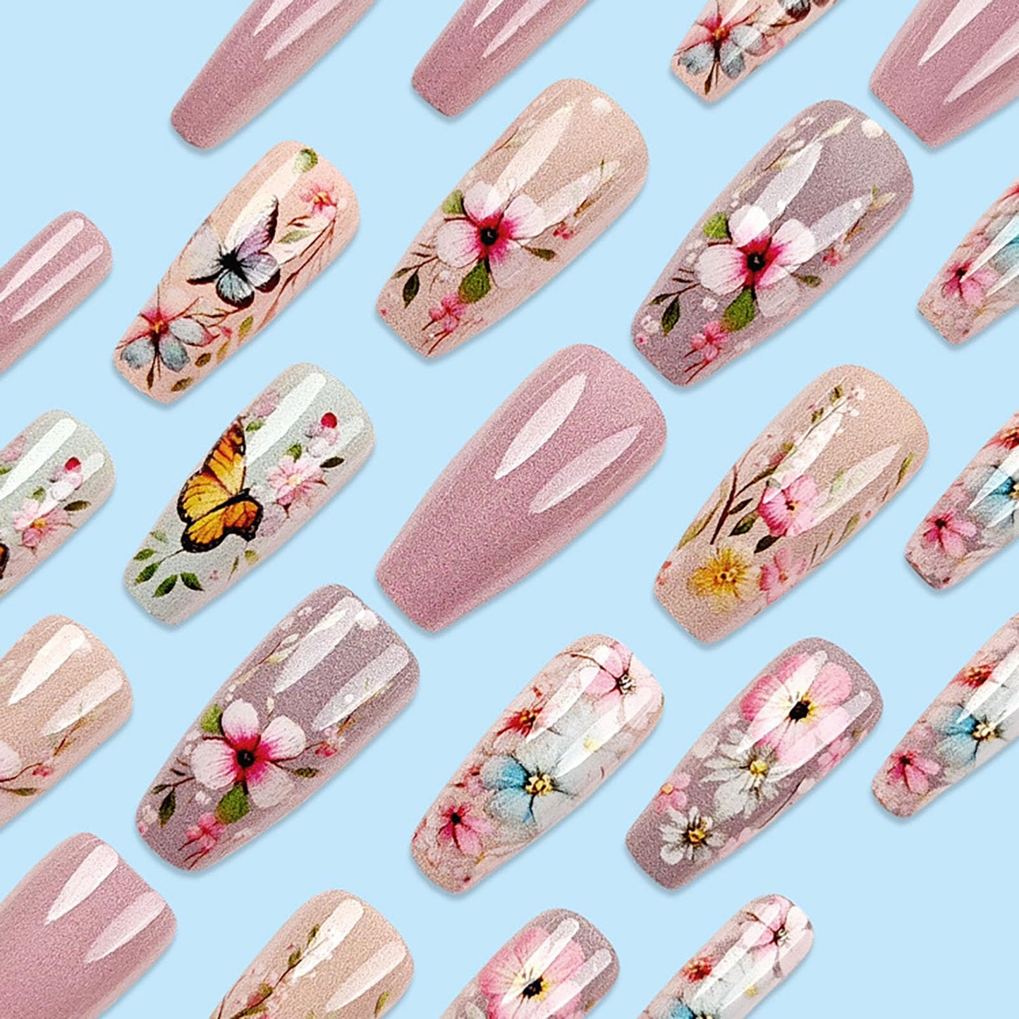 Spring Press on Nails Coffin Medium Fake Nails with Floral Butterfly Designs Pink Nails Press ons Glossy Glue on Nails Full Cover False Nails Cute Acrylic Nails Summer Stick on Nails for Women 24Pcs