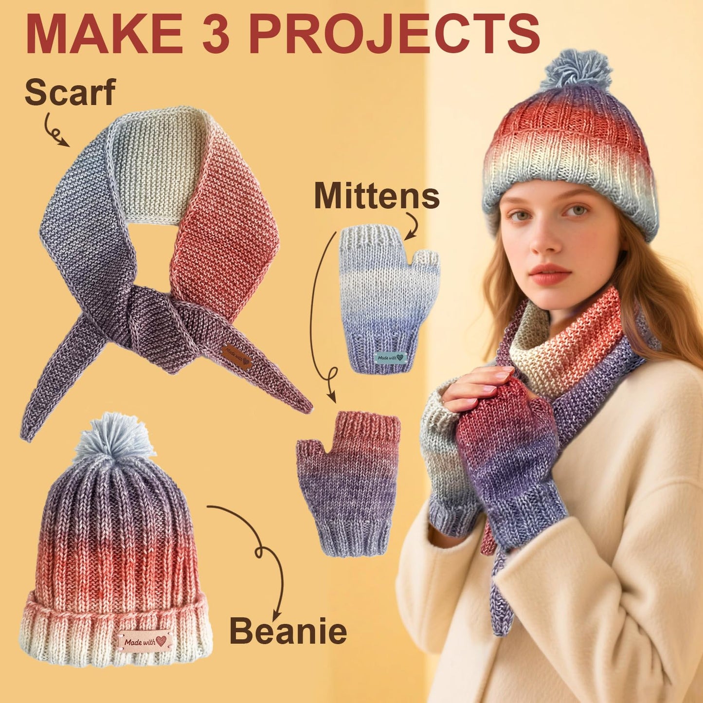 Kitcroet Knitting Kit for Beginners, Complete Beginner Knitting Kit Including Knitting Needles Set, Soft Gradiant Cake Yarn, Learn to Knit Scarf, Beanie, Mittens with Step by Step Video Tutorials