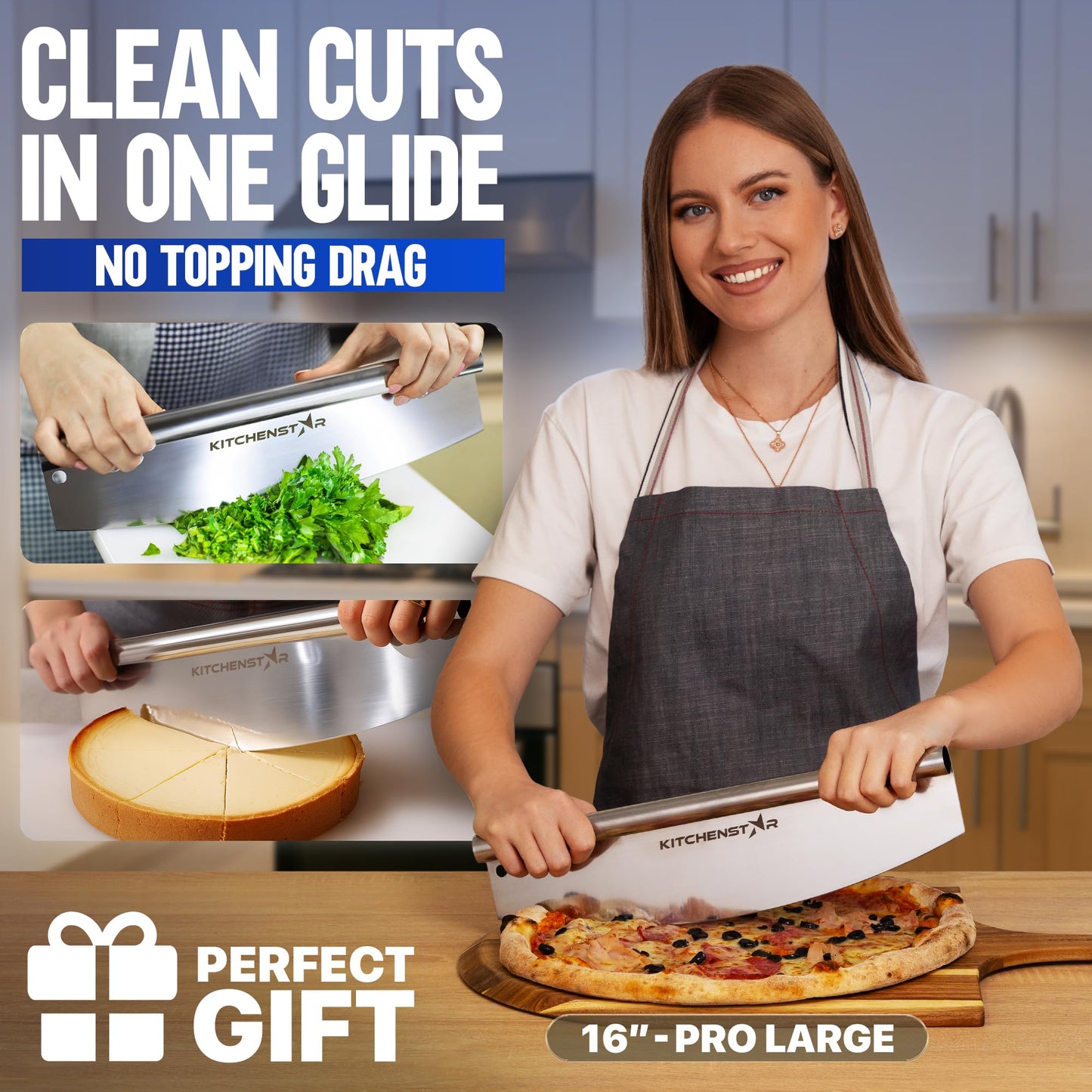 KitchenStar 16-Inch Pizza Cutter Rocker Blade - Sharp Stainless Steel Slicer Knife, Protective Cover, Dishwasher Safe, Large - Professional Pizza Oven Accessories