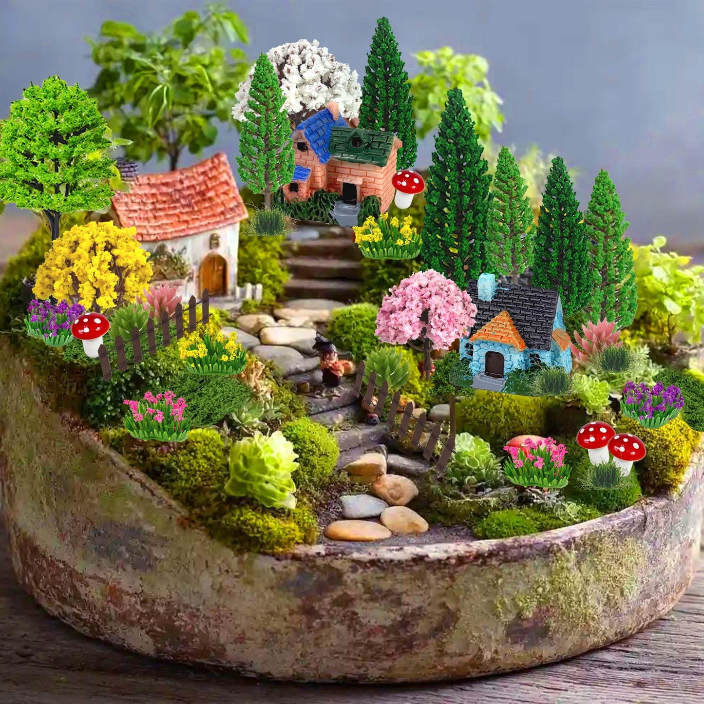 MOMOONNON 36pcs Garden Diorama Mini Garden Accessories Set Mixed Model Trees Flowers for Crafts Building Model Railway Fairy Scenery Landscape Supplies