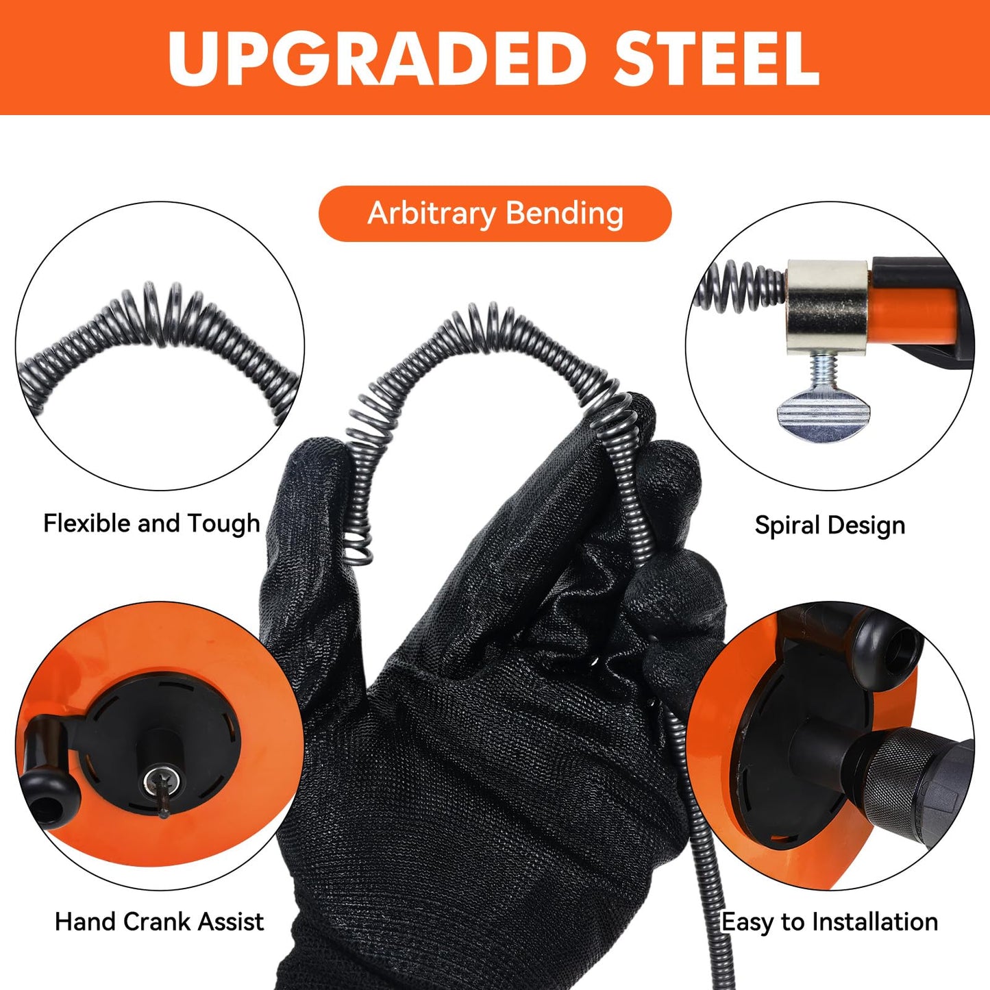 50FT Drain Auger, Dual-Mode Plumbing Snake with Drill Attachment, Sewer Pipe Clog Remover for Kitchen/Bathroom/Shower/Toilet, 6 Hair Clog Removers + Storage Bag, Destapador de tuberia (50 FT, Orange)