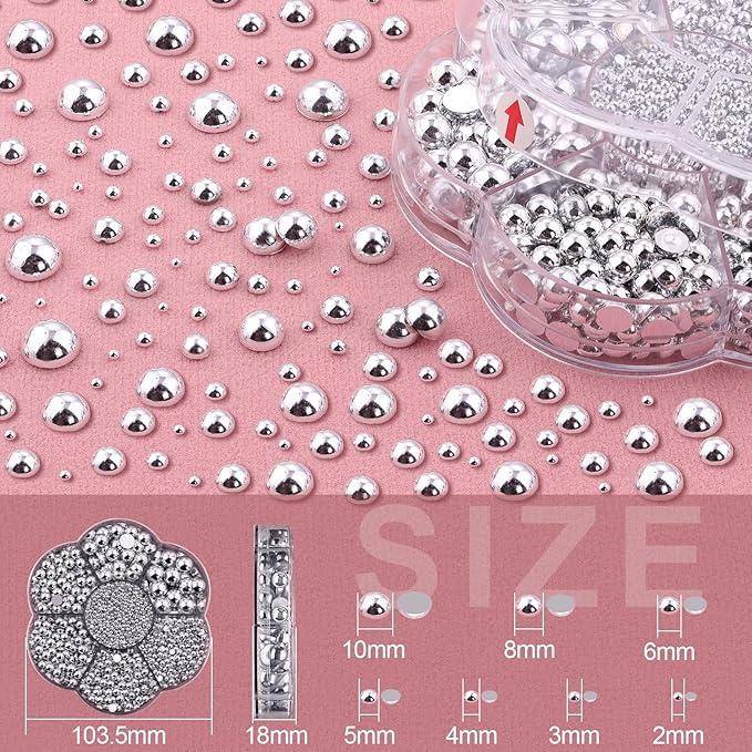 Nail Art Flat Back Half Round Pearl Kits 3, Mixed Sizes 6000 Pcs Silver Small Pearls for Nails with Picking Tools for Graduation Cap Decorations Home DIY Body Face Craft Salon Use