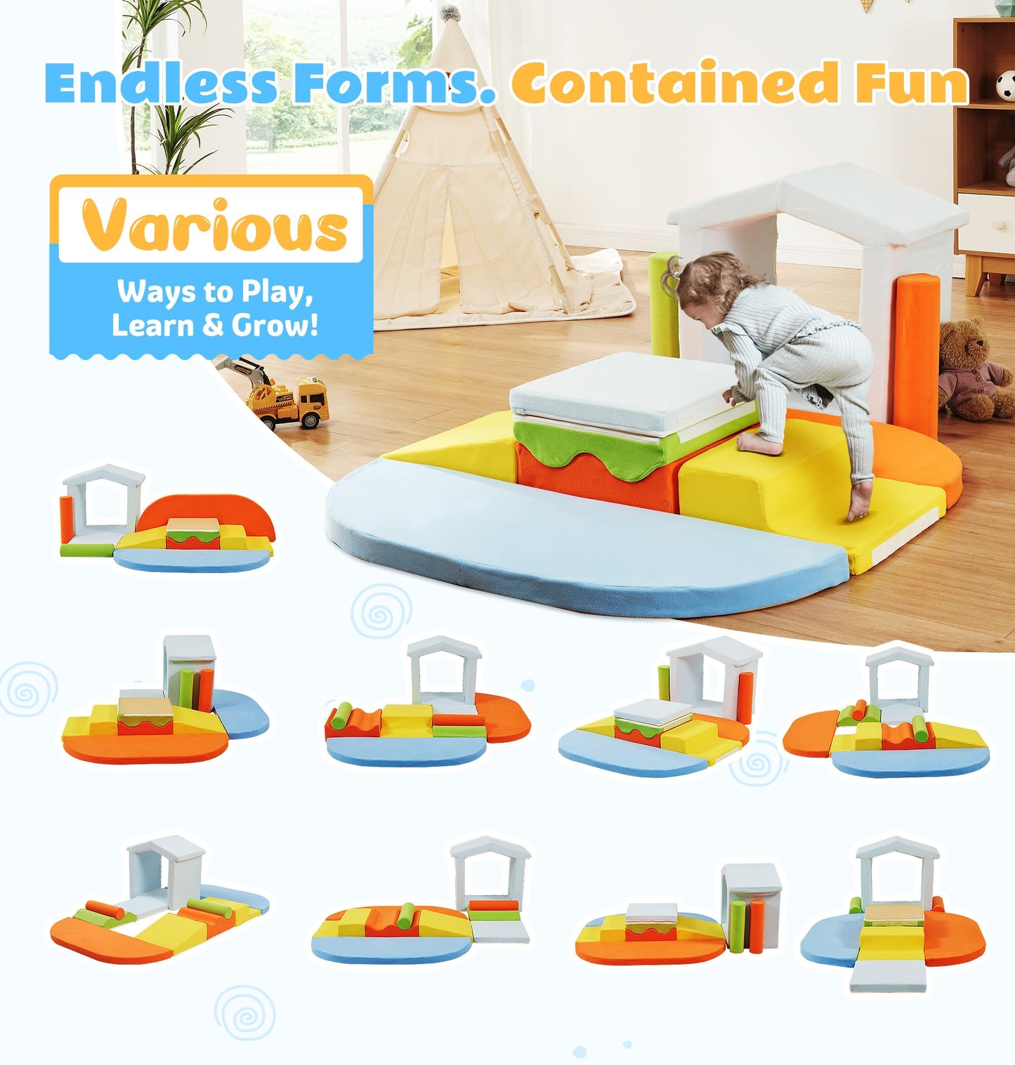 Elftopia 10-Piece Foam Climbing Blocks with Ramp & Stairs for Toddlers,Soft Play Gym Set,Foam Toddler Climbing Toys for Indoor Crawling,Sliding & Creative Play-Dynamic Color