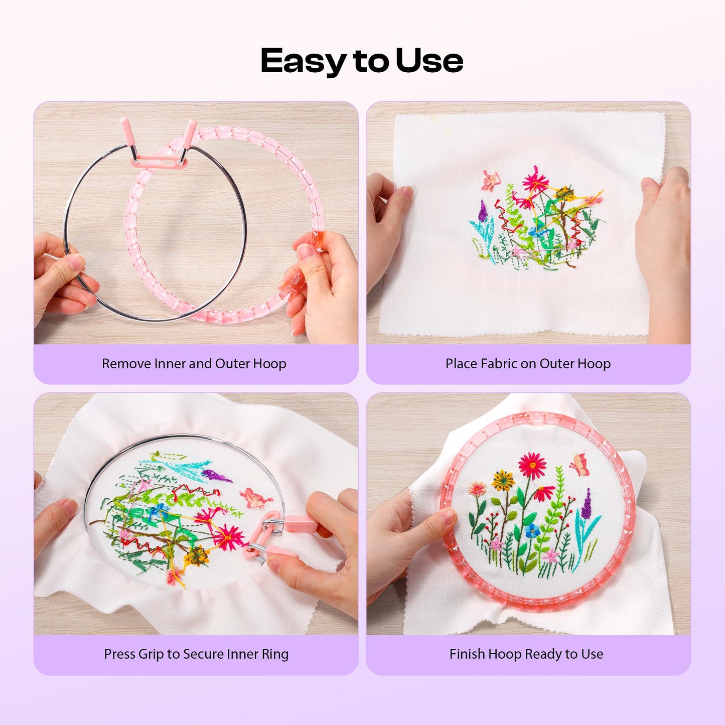 Caydo Metal Spring Tension Embroidery Hoops for DIY Embroidery Project, 2 Sizes Cross Stitch Hoops with Metal Ring, Pink Round Darning Hoops for Art Craft Sewing & Home Ornaments (6 Inch, 8 Inch)