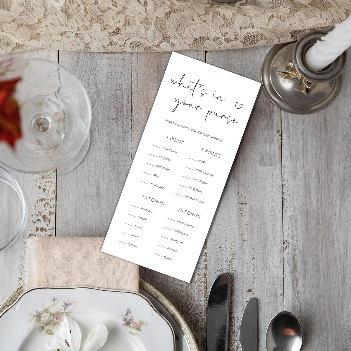 Bridal Shower Games, What's in Your Purse, 25Pcs 4x9inch Minimalist White Double-Sided Bridal Game Cards, Wedding Shower Games for Guests, Engagement Bachelorette Party Supplies - A18