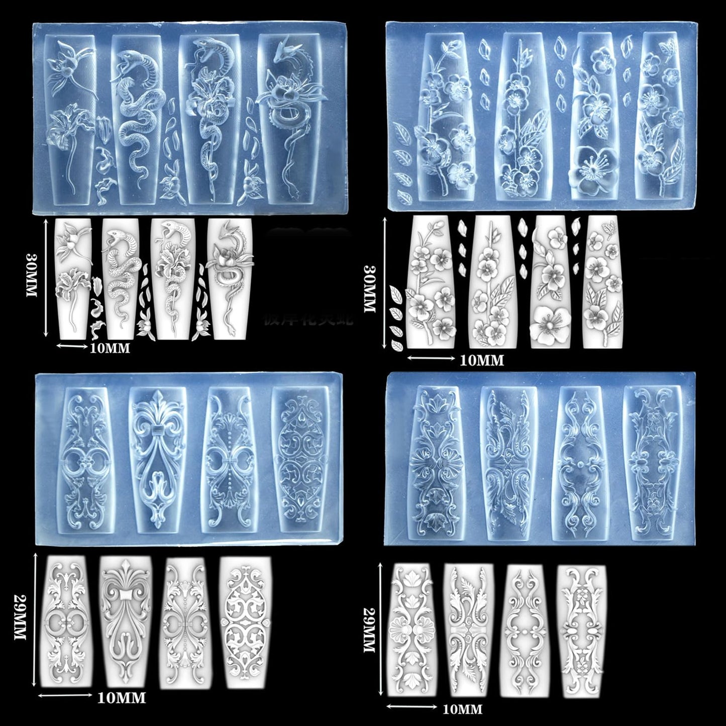 4pcs Nail Molds for Nail Art Retro Flower Charm Molds Intricate Floral Designs with Carving Pen Clear Modeling Templates Manicure Tools for DIY Salon Nail Design