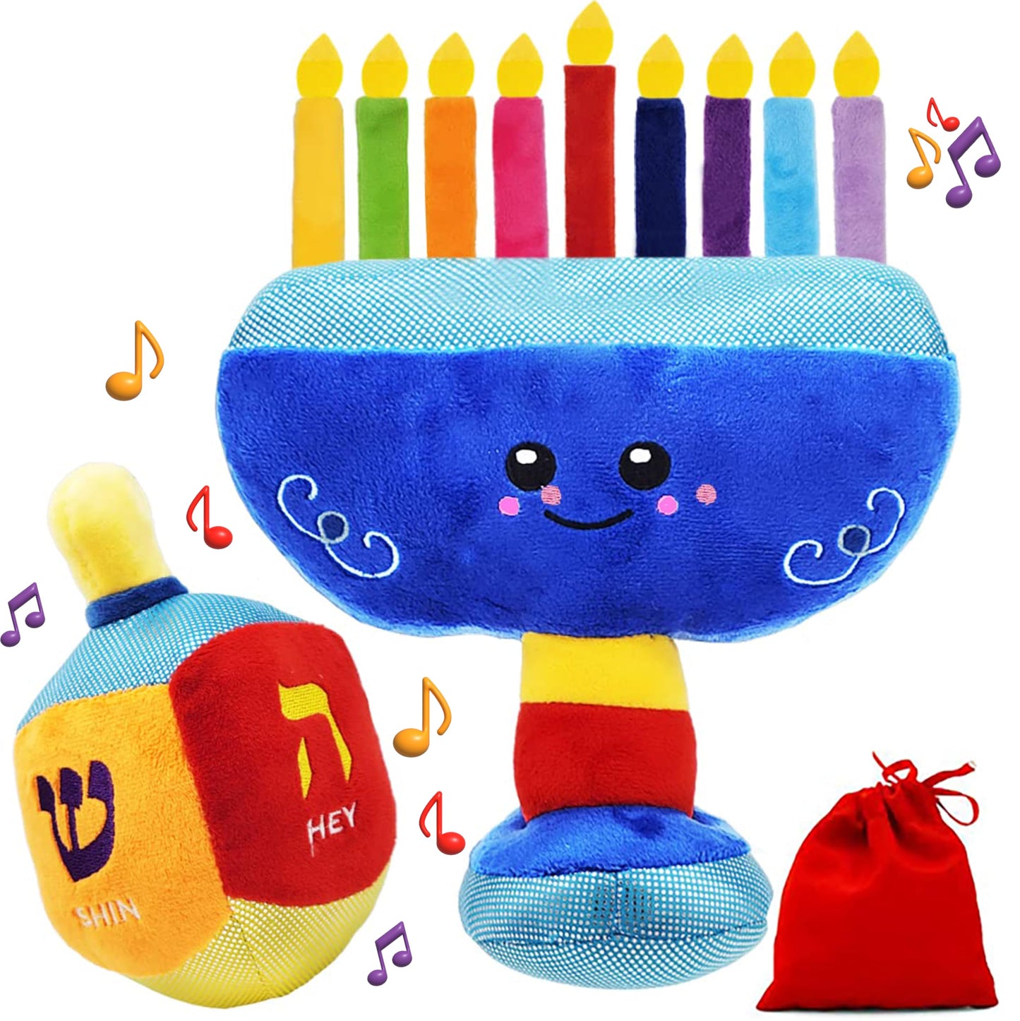 Plush Hanukkah Menorah & Plush Dreidel Toy Musical Menorah Plays 2 Classic Hanukkah Melodies Includes Removable Chanukah Candles & Candle Bag with Rattle Dreidel