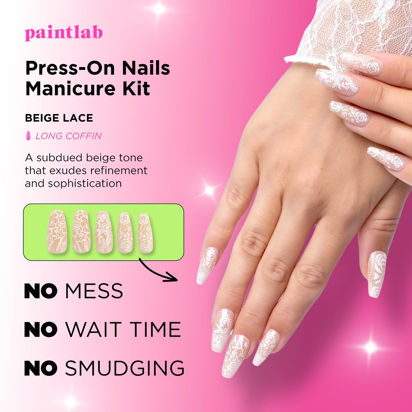 PaintLab Press On Nails - Beige Lace Coffin Fake Nails, 30 Nails in 15 Sizes with Glue, Reusable Salon Quality Press On Nails