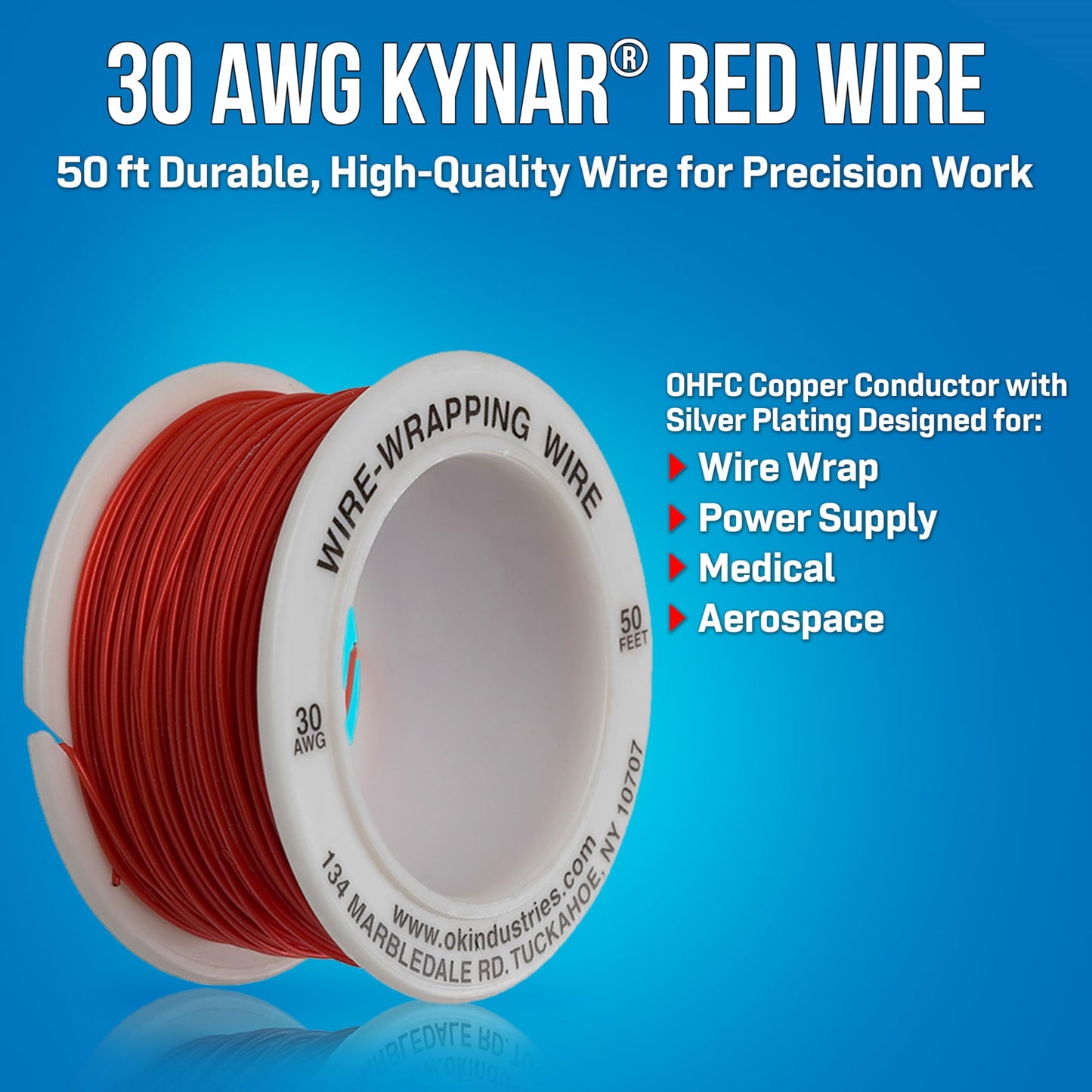 Jonard Tools R-30R-0050 Red Insulated Kynar Copper Wire Roll, 30 AWG, 50 ft Length