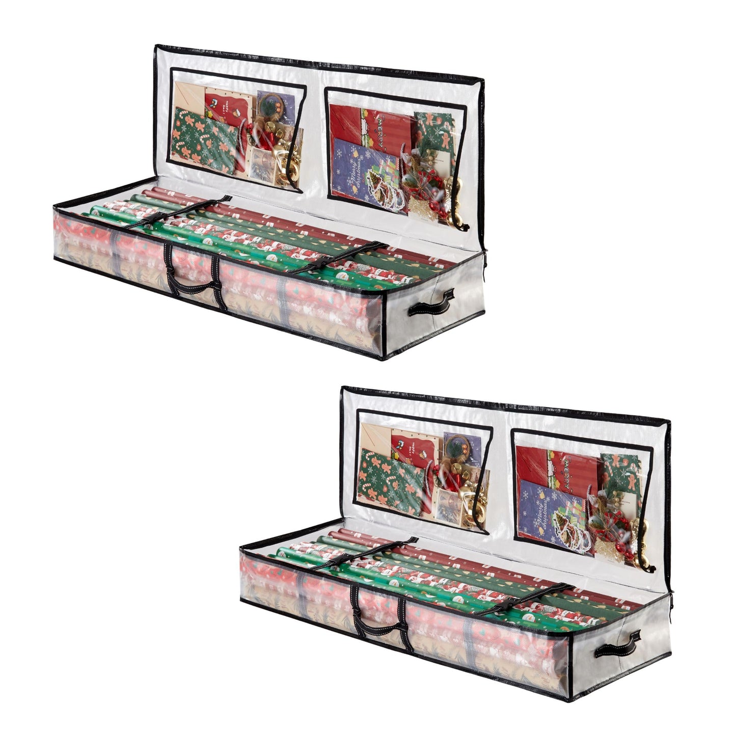 VENO 2 Pack Clear Wrapping Paper Organizer Storage Box for Christmas Gift Bags and Holiday Accessories, Underbed Storage Container with Interior Pockets, 40 Inches Long Fits 24 Rolls (2 Pack)