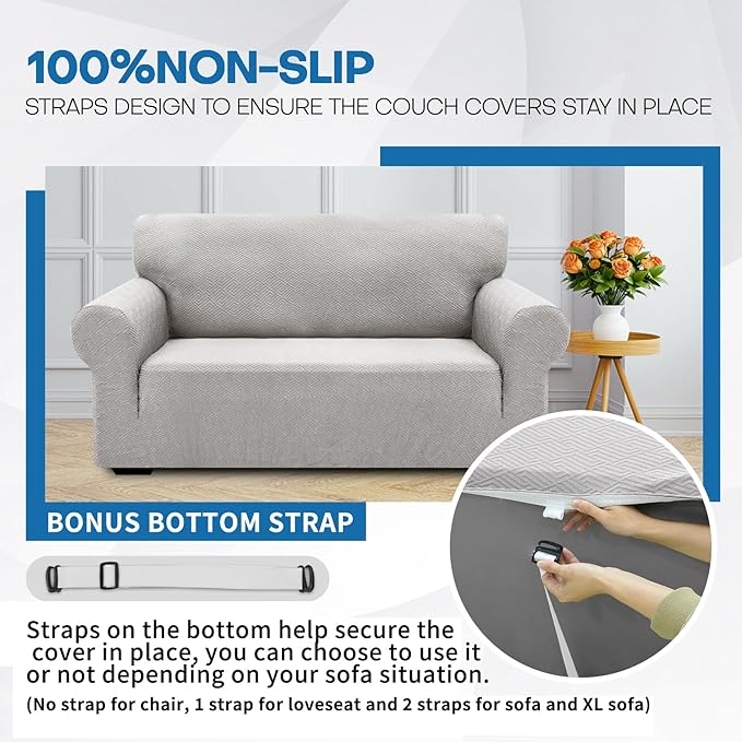 XINEAGE 2026 New 1 Piece Couch Covers for 2 Cushion (55"-69") Stretch Loveseat Sofa Cover Slipcover Jacquard Universal Furniture Protector with Elastic Bottom for Kids,Dog (Loveseat, Silver Grey)