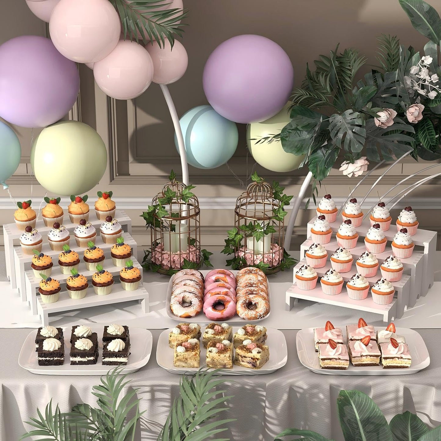 2 Set Large White Wooden Tiered Riser Display Stands for Vendor Events,Stackable Wooden Cupcake Stand,Farmhouse Decor Wood Dessert Table Display Set,Vendor Booth Display Items,Food Display Risers for Party（12-11.2-10.4-9.6IN）